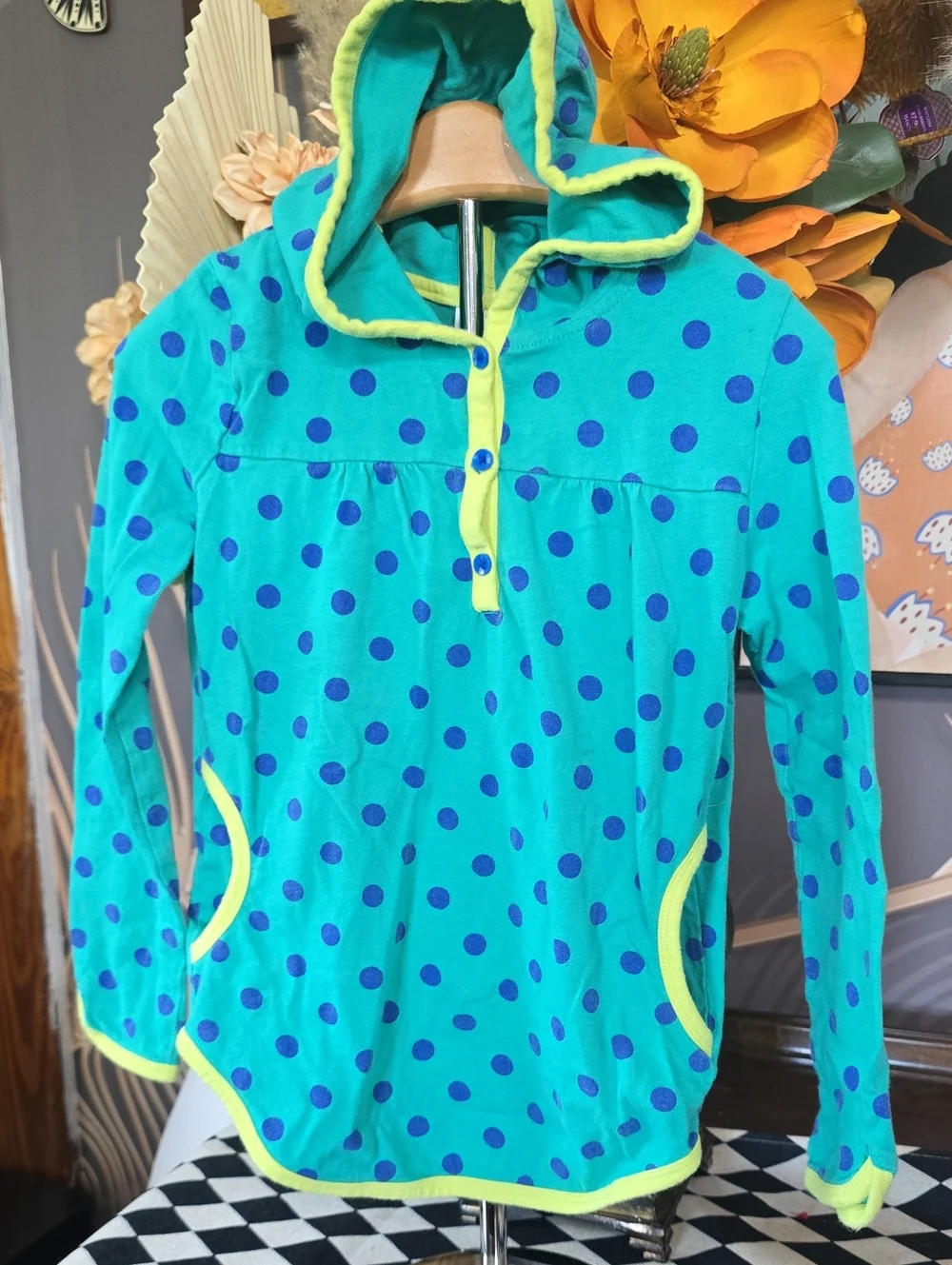 Gymboree 8 Teal Hoodie with Blue Polka Dots and Lime Trim